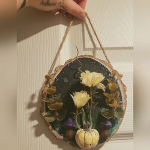 Handmade Wood Slab Art With Artificial Flowers, Wooden Mushrooms & A Pumpkin
